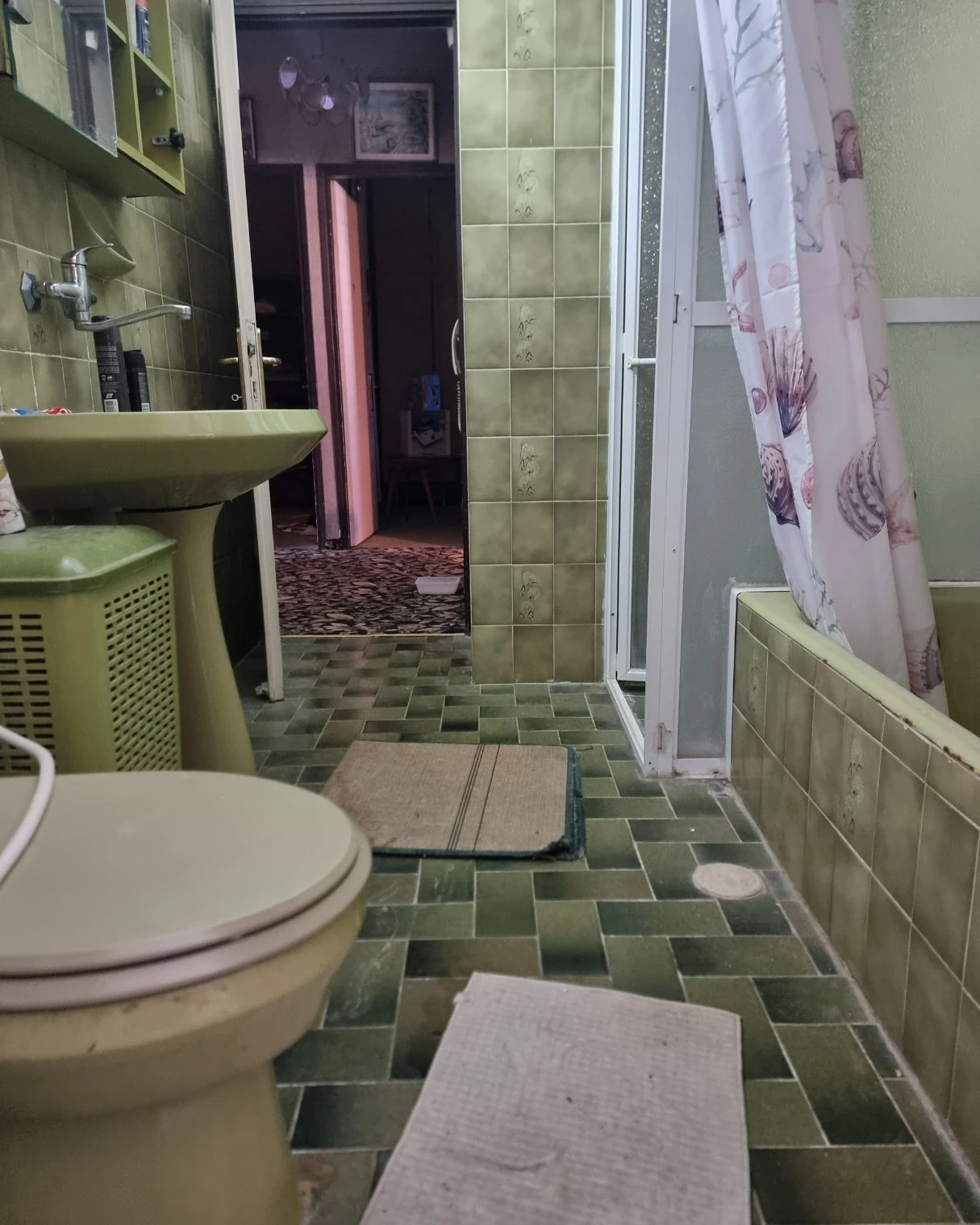מקלחת בחיפוי אריחים ירוקים מיושנים לפני השיפוץ
