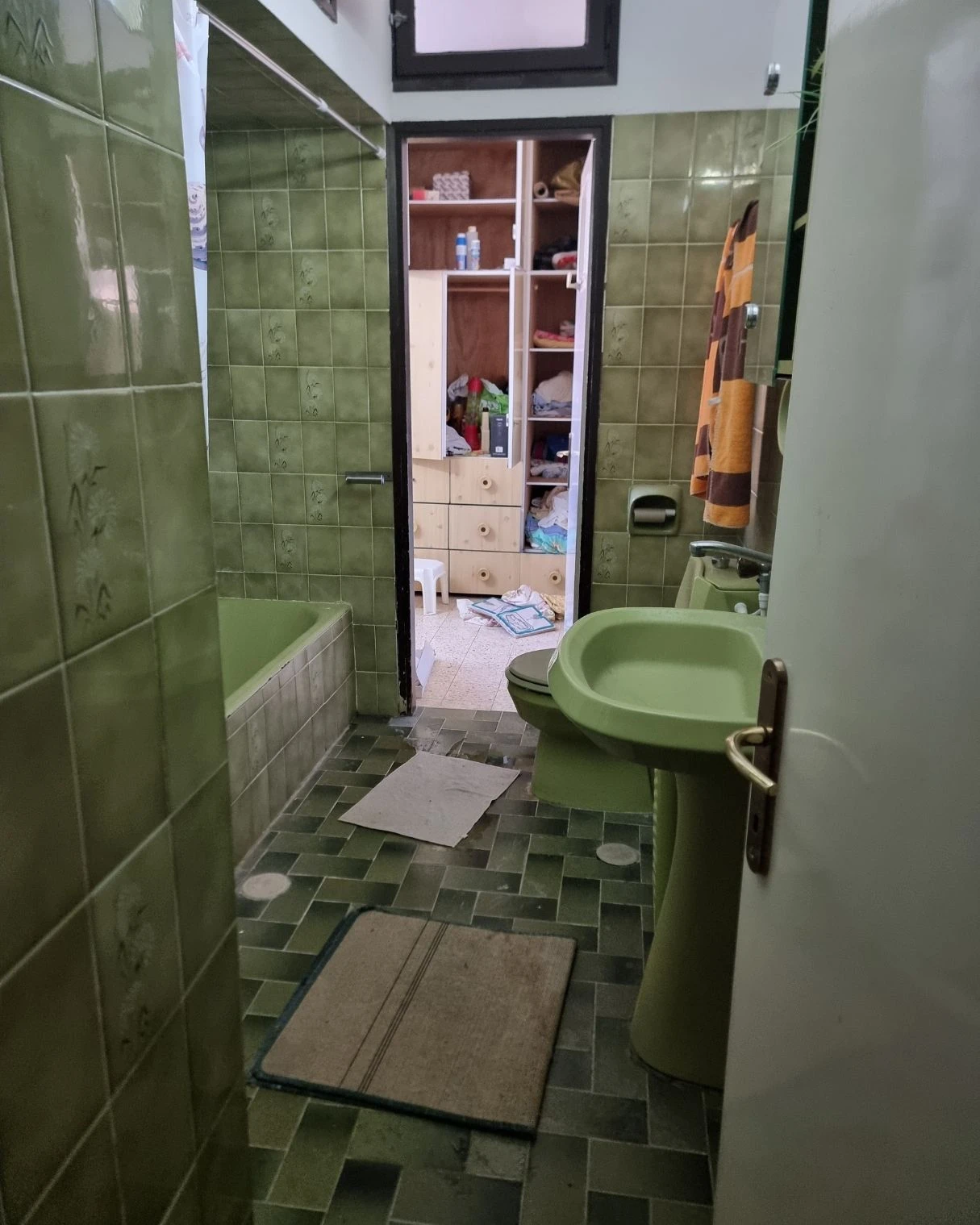 שירותים בגוון ירוק עם כיור וארון אחסון ישנים לפני השיפוץ